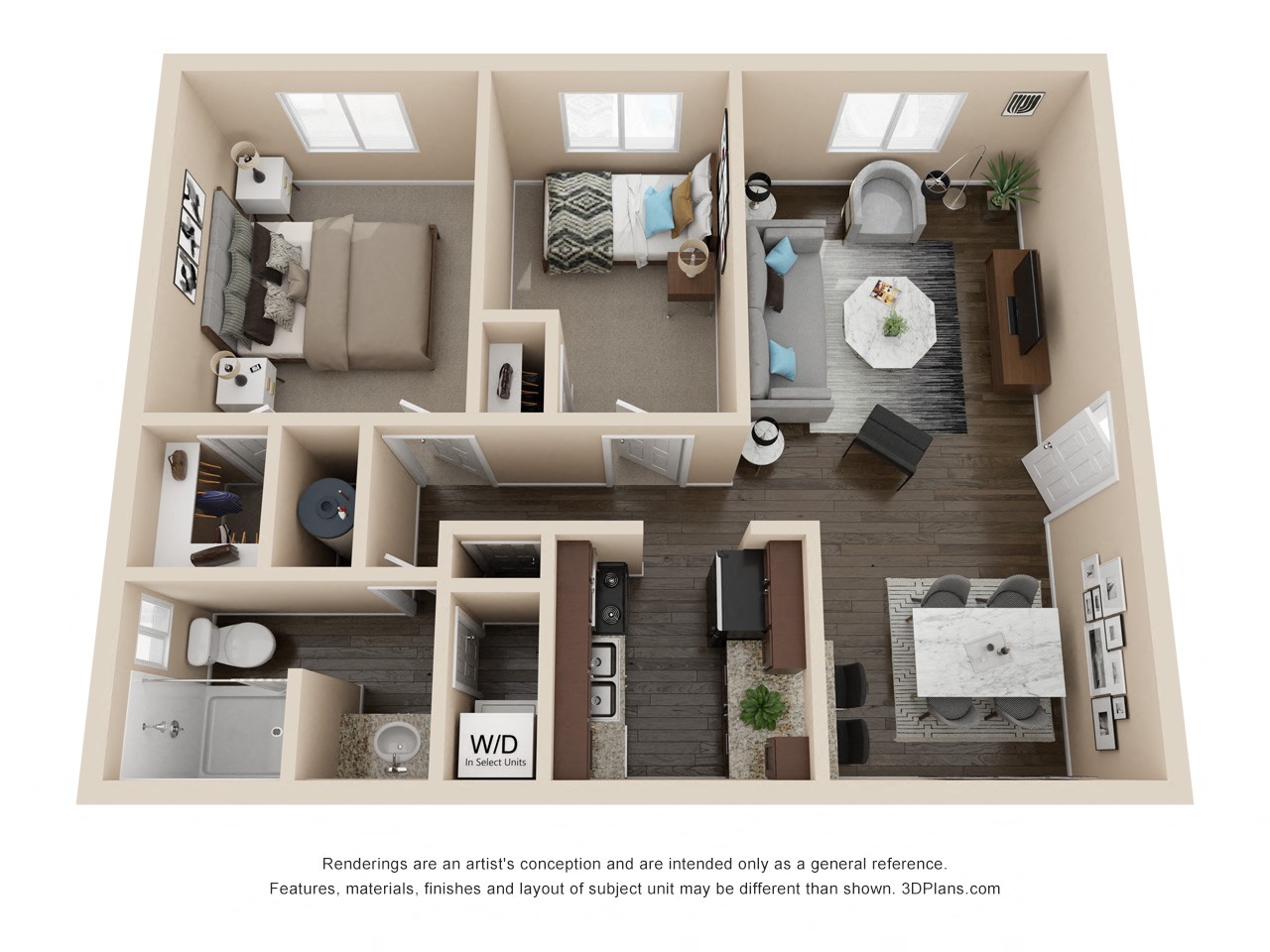 Floor plan for 2 beds, 1 bath, 783 sqft